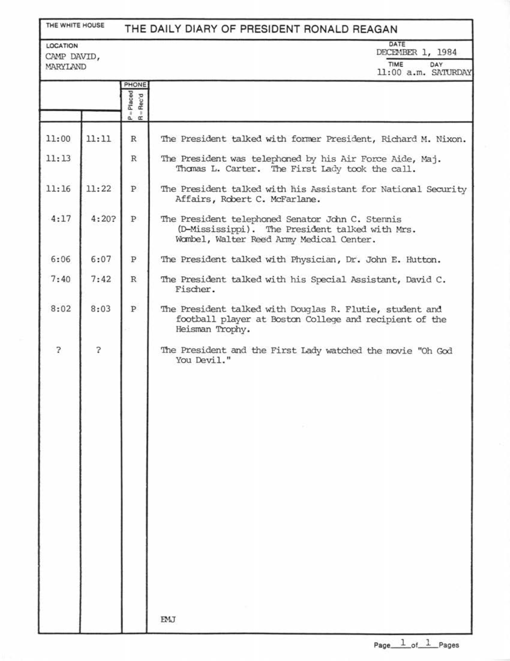 December 3 , 1984 '!He White House Time Day Washingi'cn I D