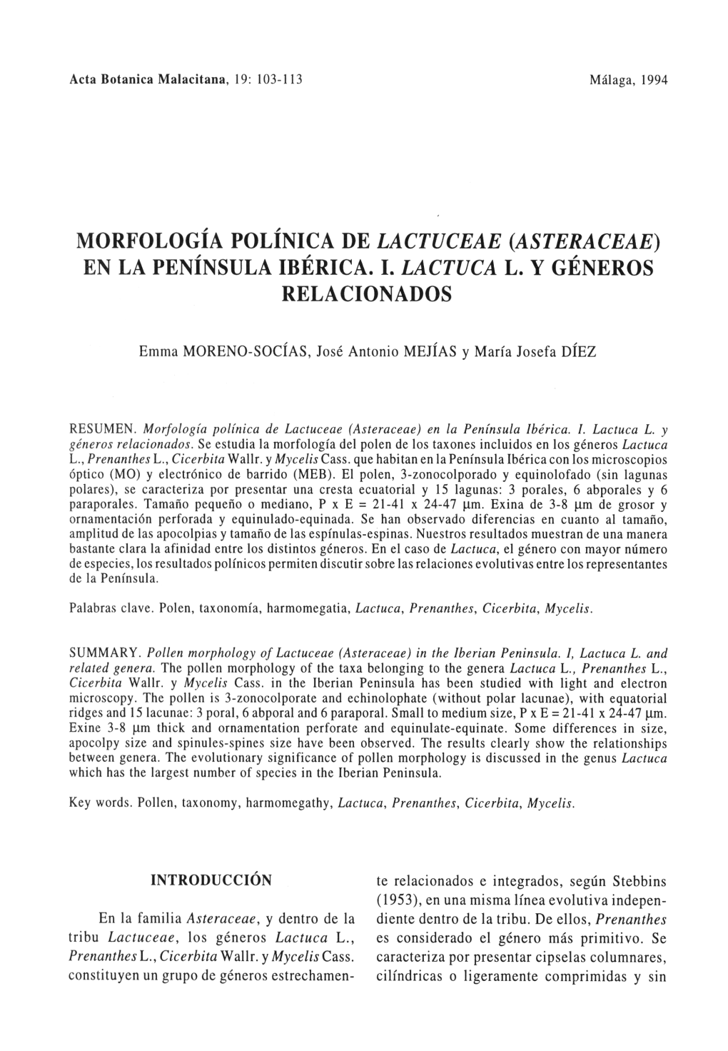 Morfología Polínica De Lactuceae (Asteraceae) En La Península Ibérica