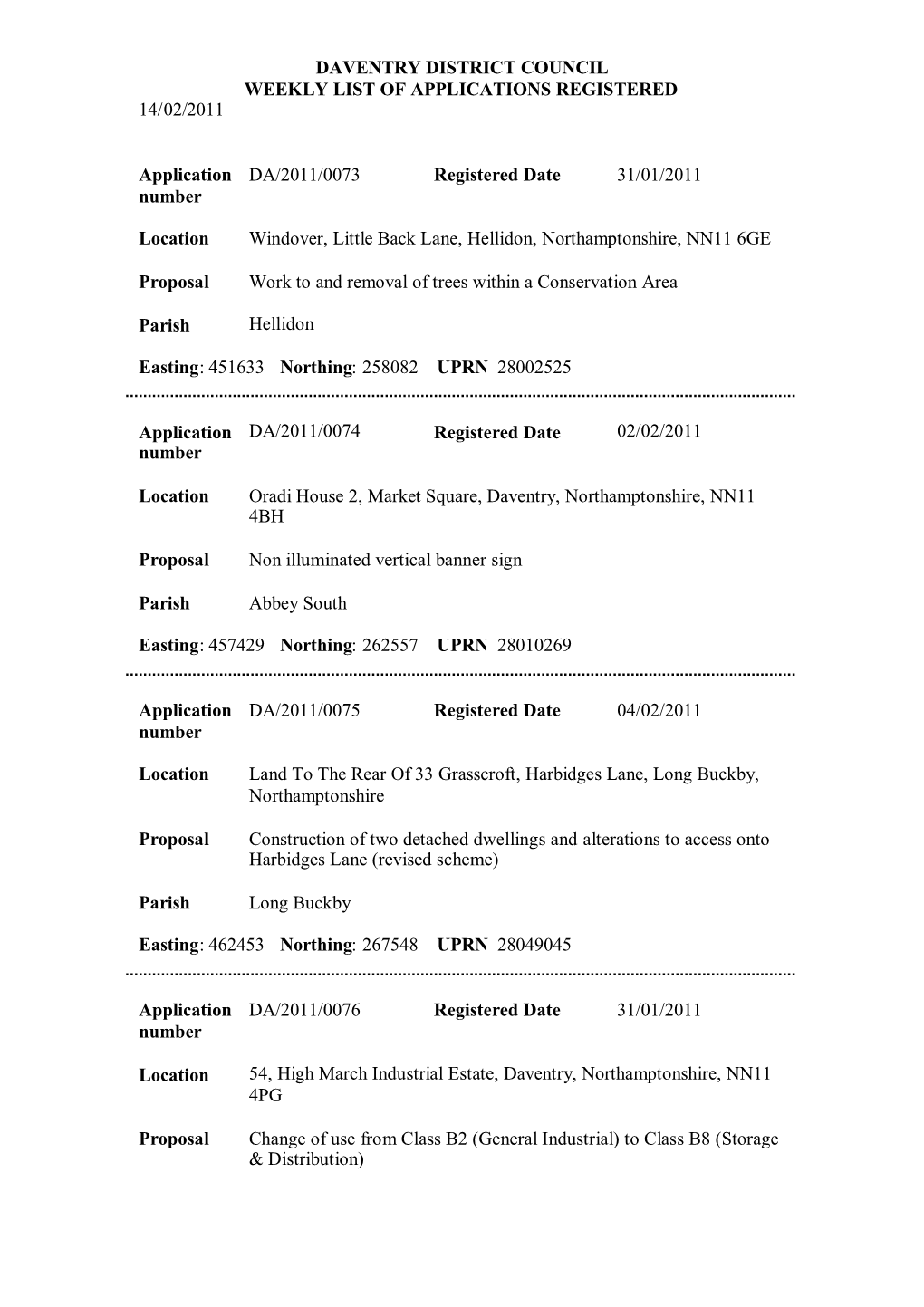 DAVENTRY DISTRICT COUNCIL WEEKLY LIST of APPLICATIONS REGISTERED 14/02/2011 Application Number DA/2011/0073 Registered Date 31/0