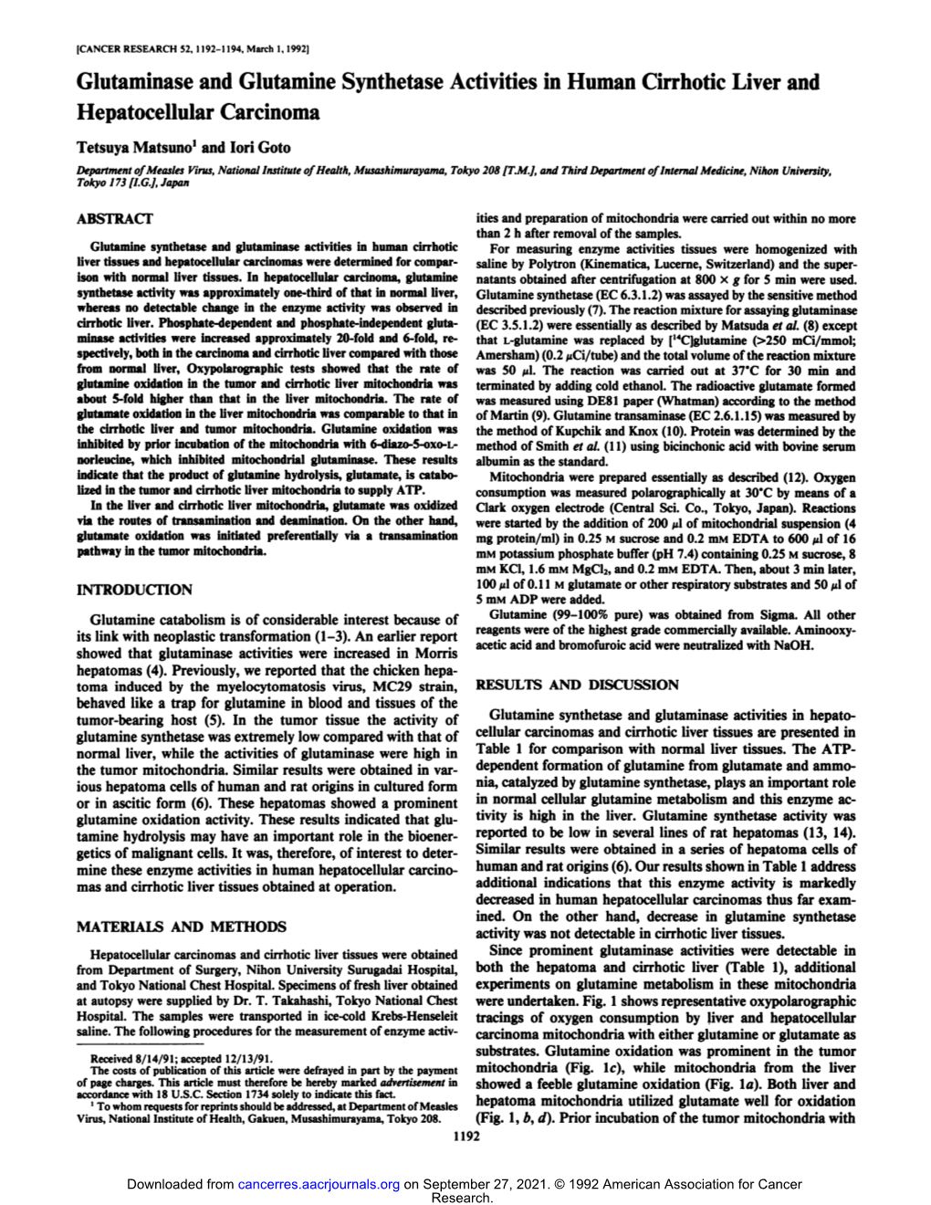 Glutaminase and Glutamine Synthetase Activities in Human Cirrhotic Liver and Hepatocellular Carcinoma Tetsuya Matsuno1 and Lori Goto