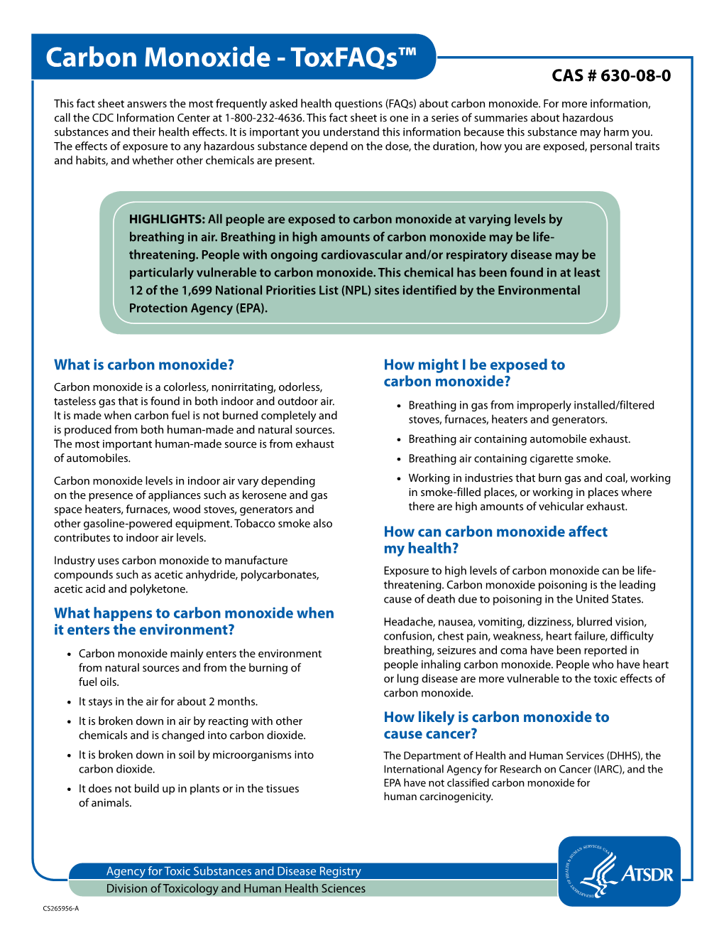 Carbon Monoxide - Toxfaqs™ CAS # 630-08-0