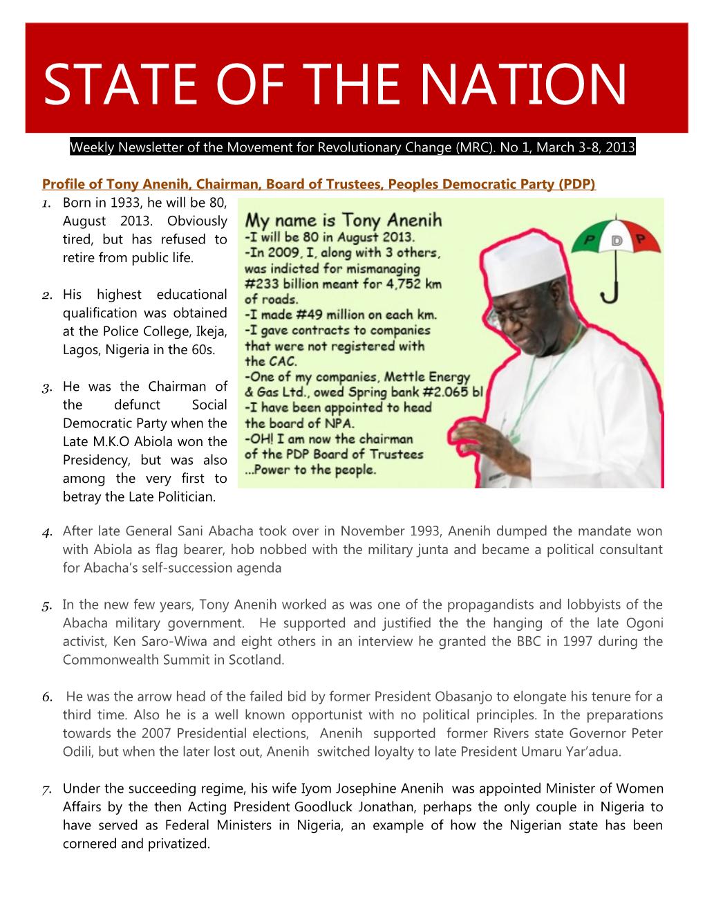 Profile of Tony Anenih, Chairman, Board of Trustees, Peoples Democratic Party (PDP)