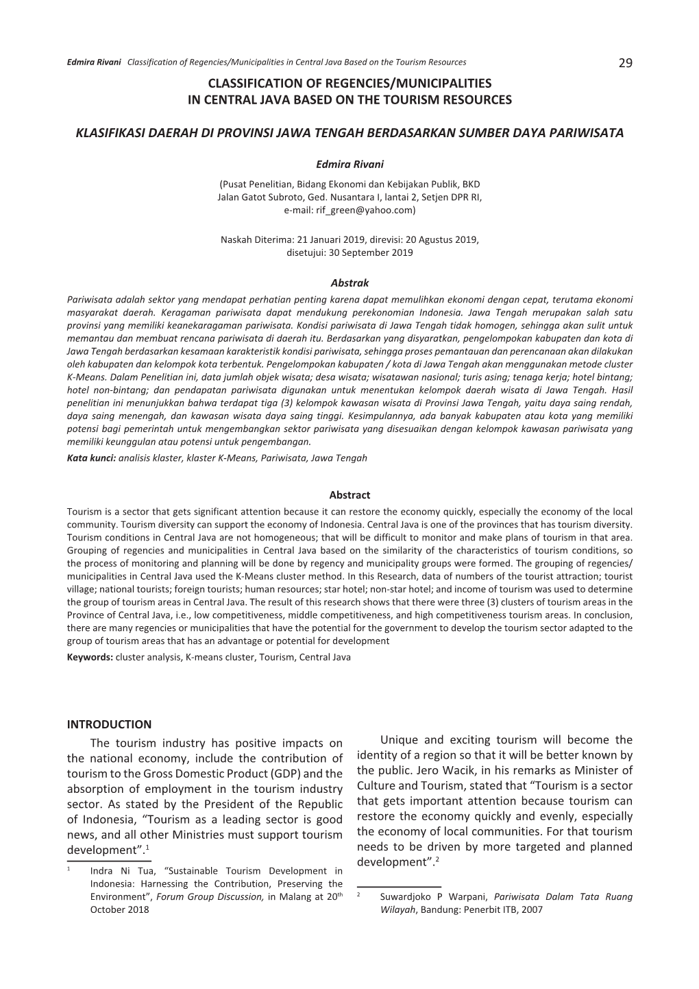 29 Classification of Regencies/Municipalities in Central Java Based on the Tourism Resources