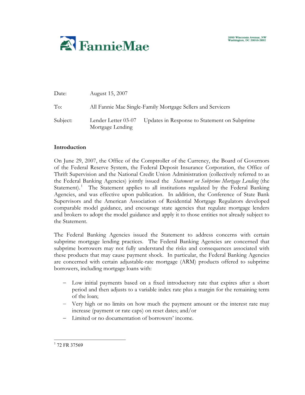 Lender Letter 03-07, Updates in Response to Statement on Subprime Lending