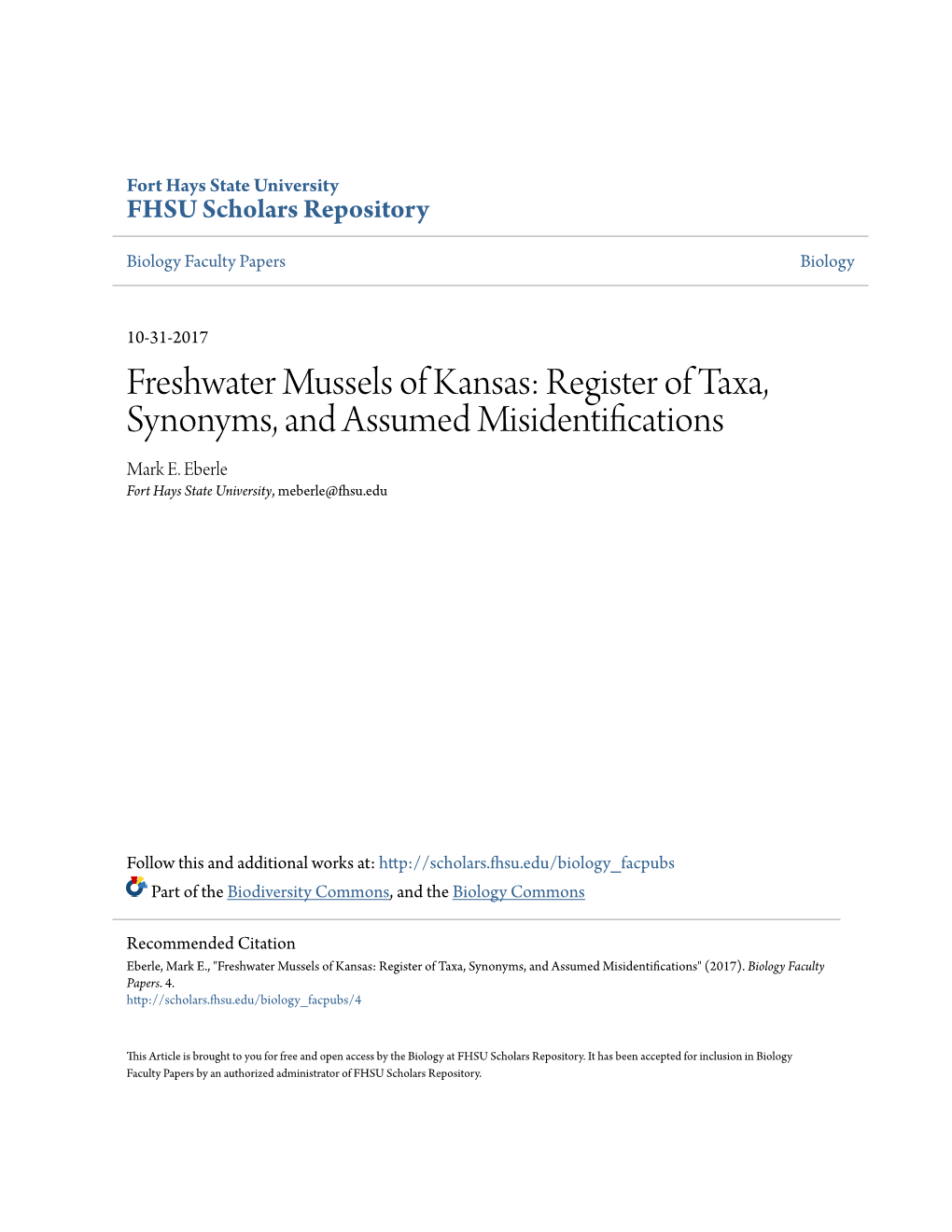 Freshwater Mussels of Kansas: Register of Taxa, Synonyms, and Assumed Misidentifications Mark E