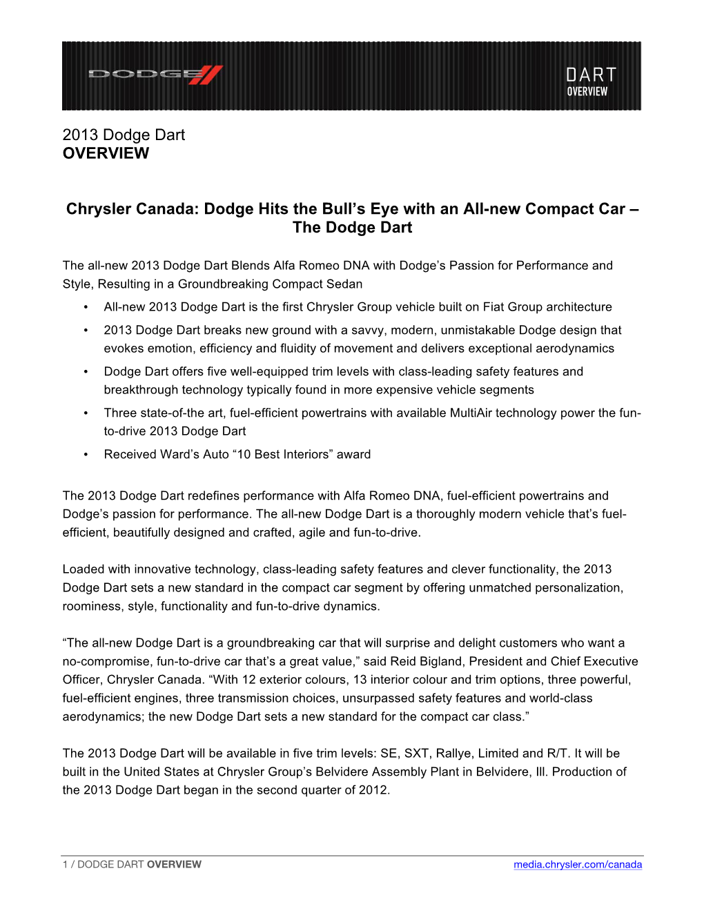 2013 Dodge Dart OVERVIEW Chrysler Canada