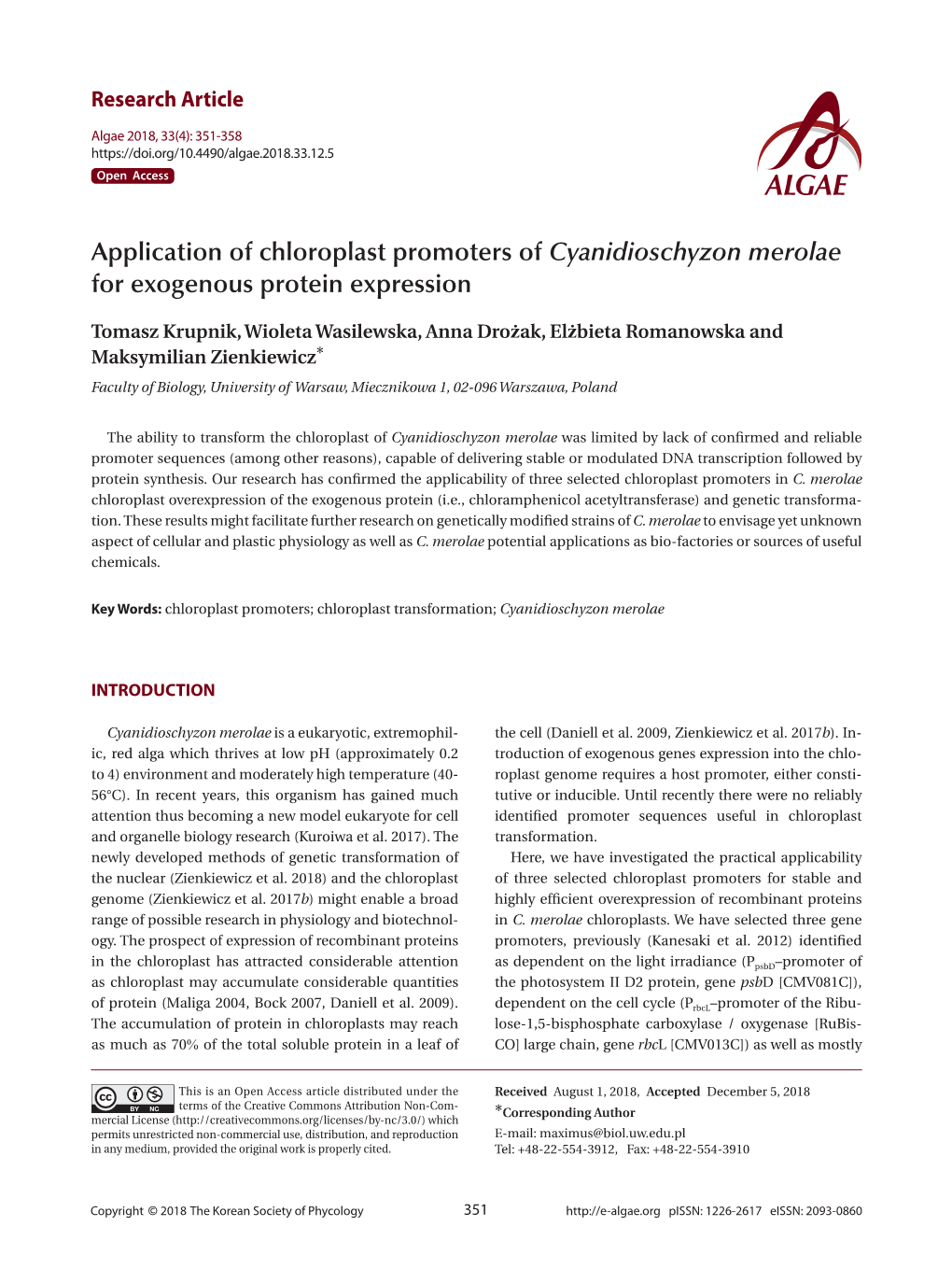 Application of Chloroplast Promoters of Cyanidioschyzon Merolae for Exogenous Protein Expression