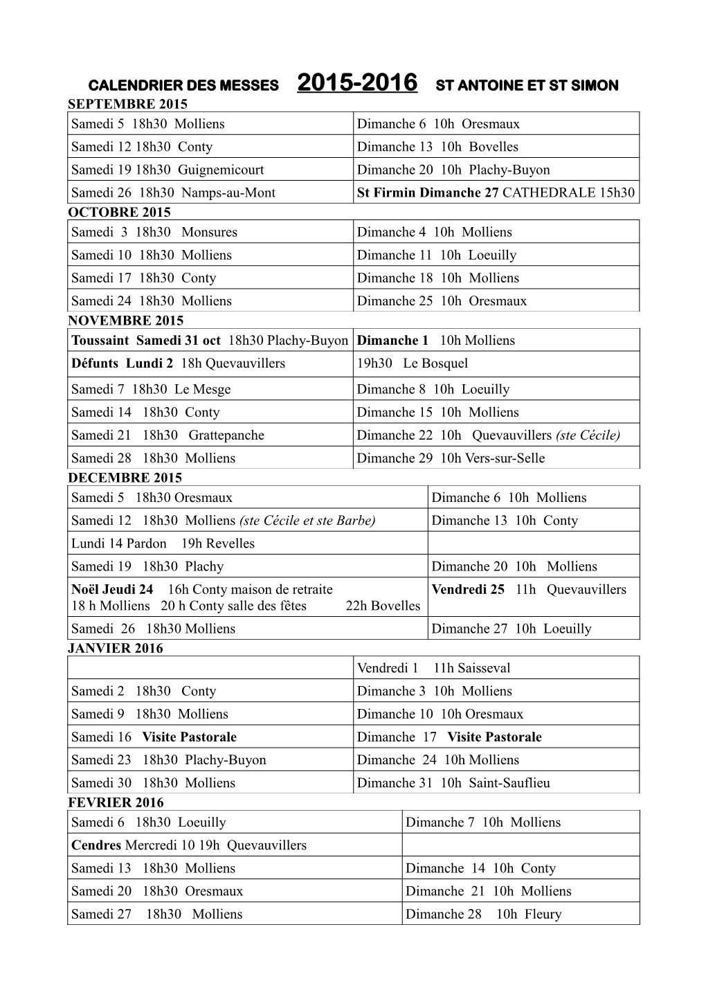 Calendrier Des Messes 2015-2016 St Antoine Et St