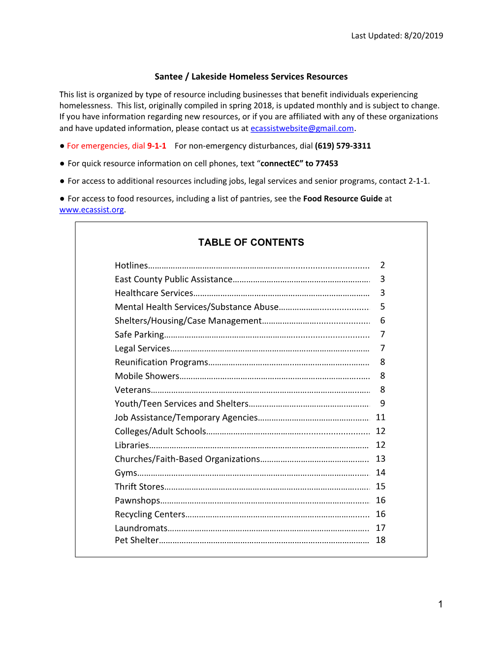 1 Santee / Lakeside Homeless Services Resources TABLE OF