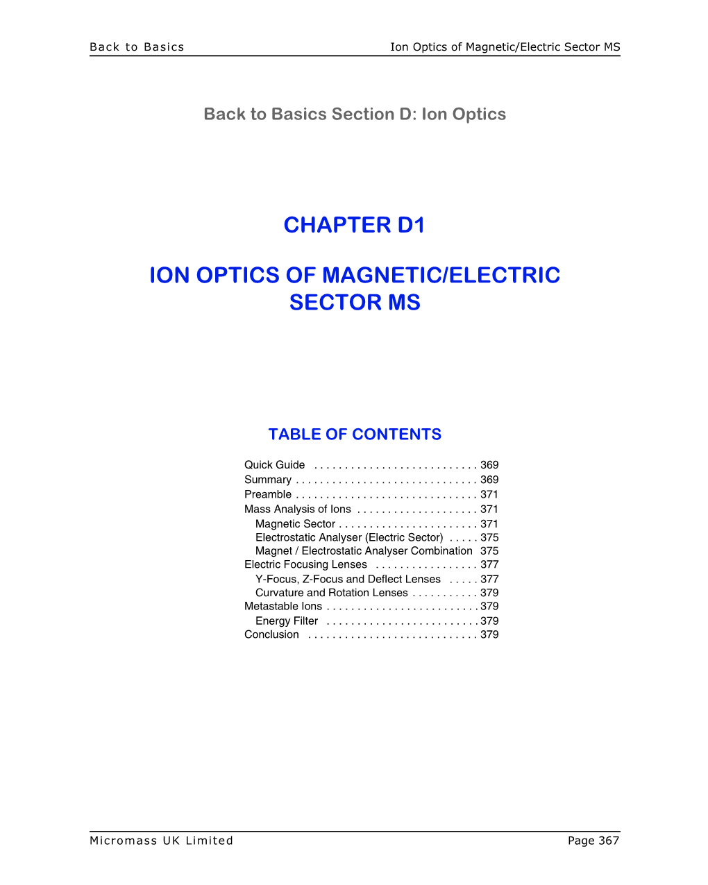 Chapter D1 Ion Optics of Magnetic/Electric Sector Ms