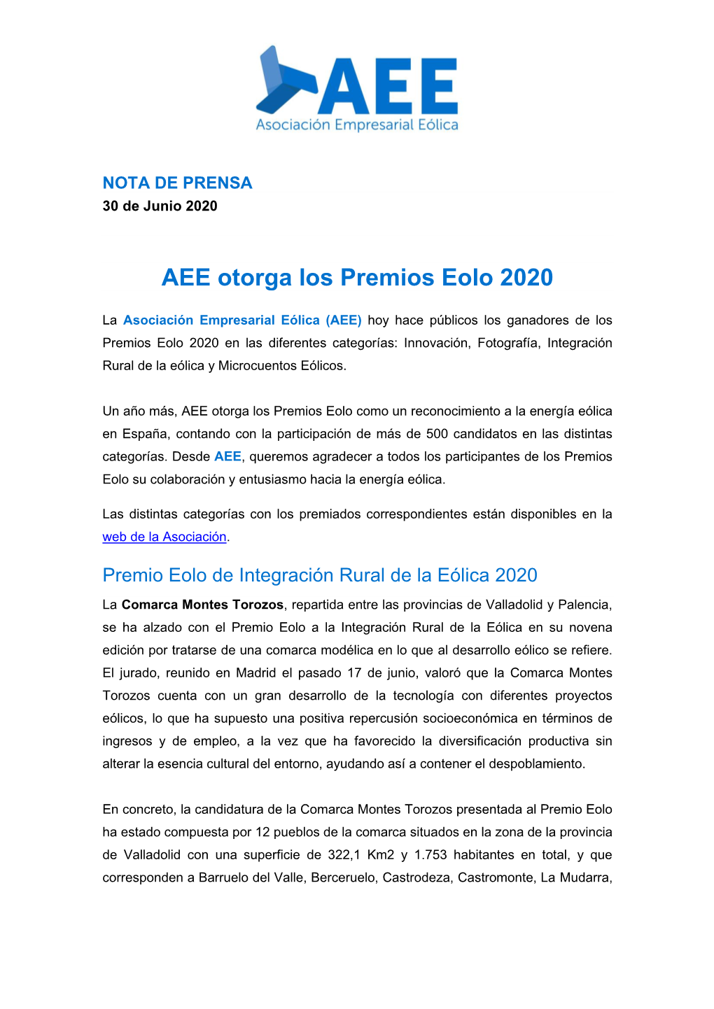 AEE Otorga Los Premios Eolo 2020