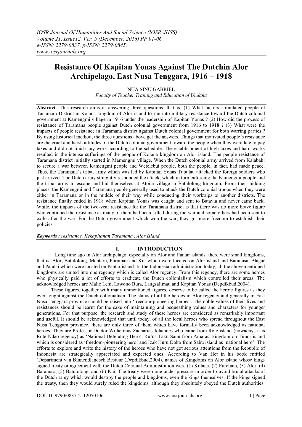 Resistance of Kapitan Yonas Against the Dutchin Alor Archipelago, East Nusa Tenggara, 1916 – 1918