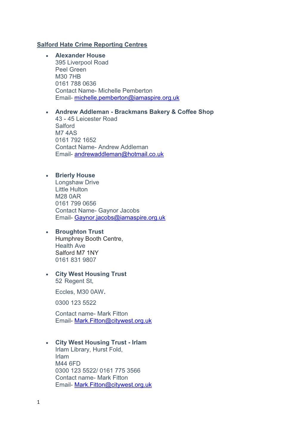 Salford Hate Crime Reporting Centres • Alexander House 395 Liverpool