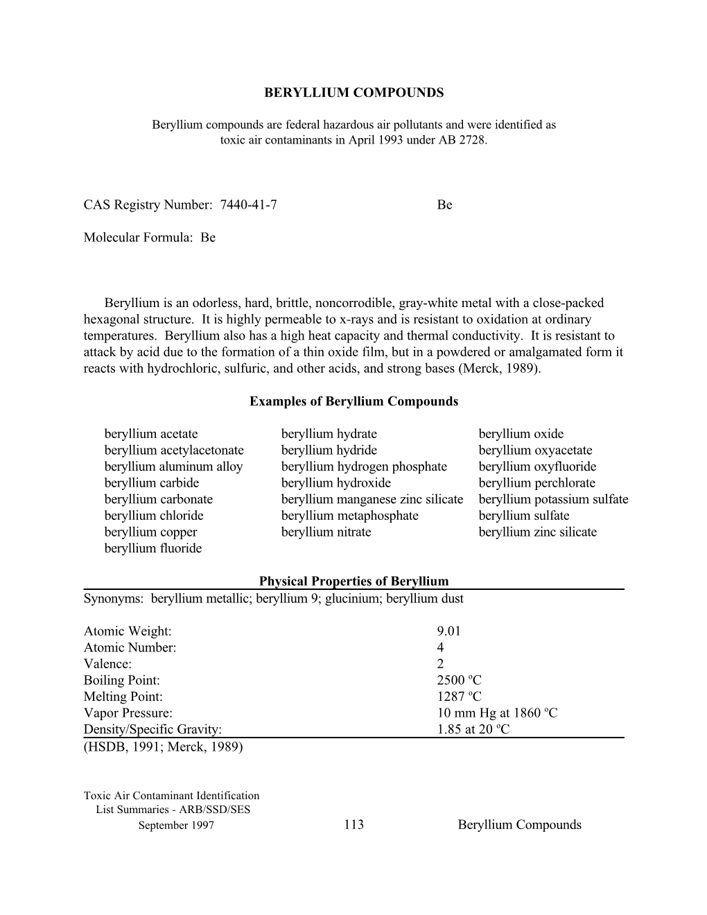 1997-11-12 Beryllium Compounds As Federal Hazardous Air Pollutant