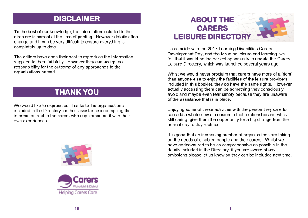 Disclaimer Thank You About the Carers Leisure Directory