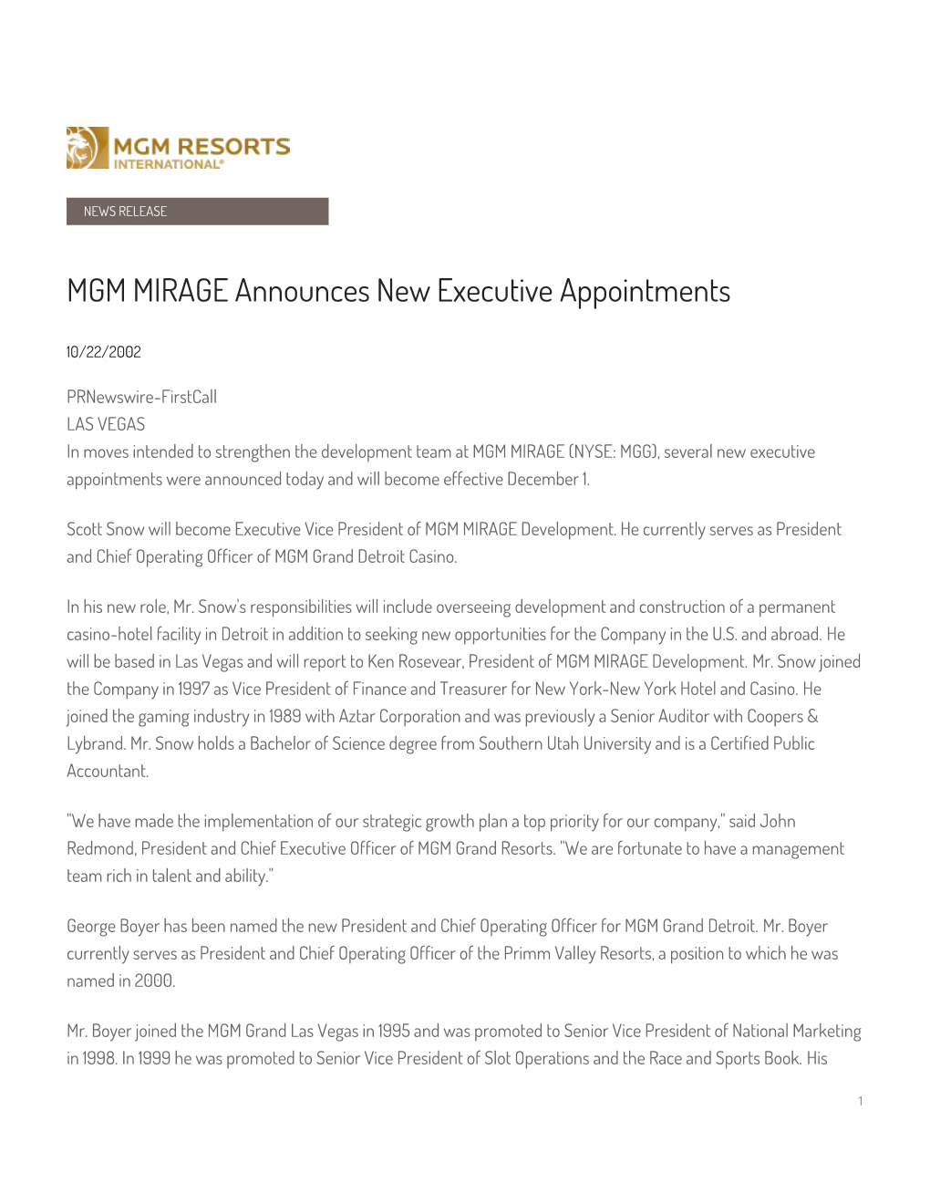 MGM MIRAGE Announces New Executive Appointments