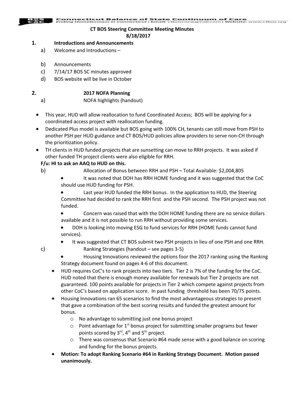 CT BOS Steering Committee Meeting Minutes