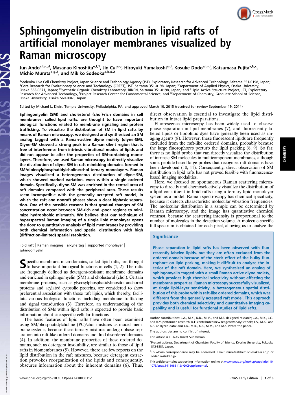 Sphingomyelin Distribution in Lipid Rafts of Artificial Monolayer Membranes Visualized by Raman Microscopy