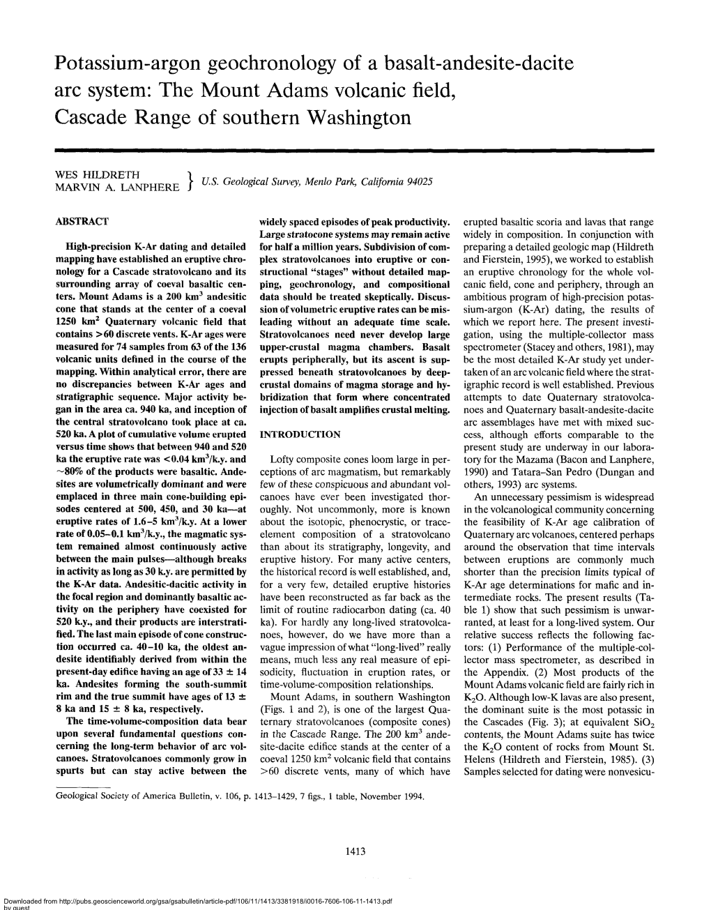 Potassium-Argon Geochronology of a Basalt-Andesite-Dacite Arc System: the Mount Adams Volcanic Field, Cascade Range of Southern Washington