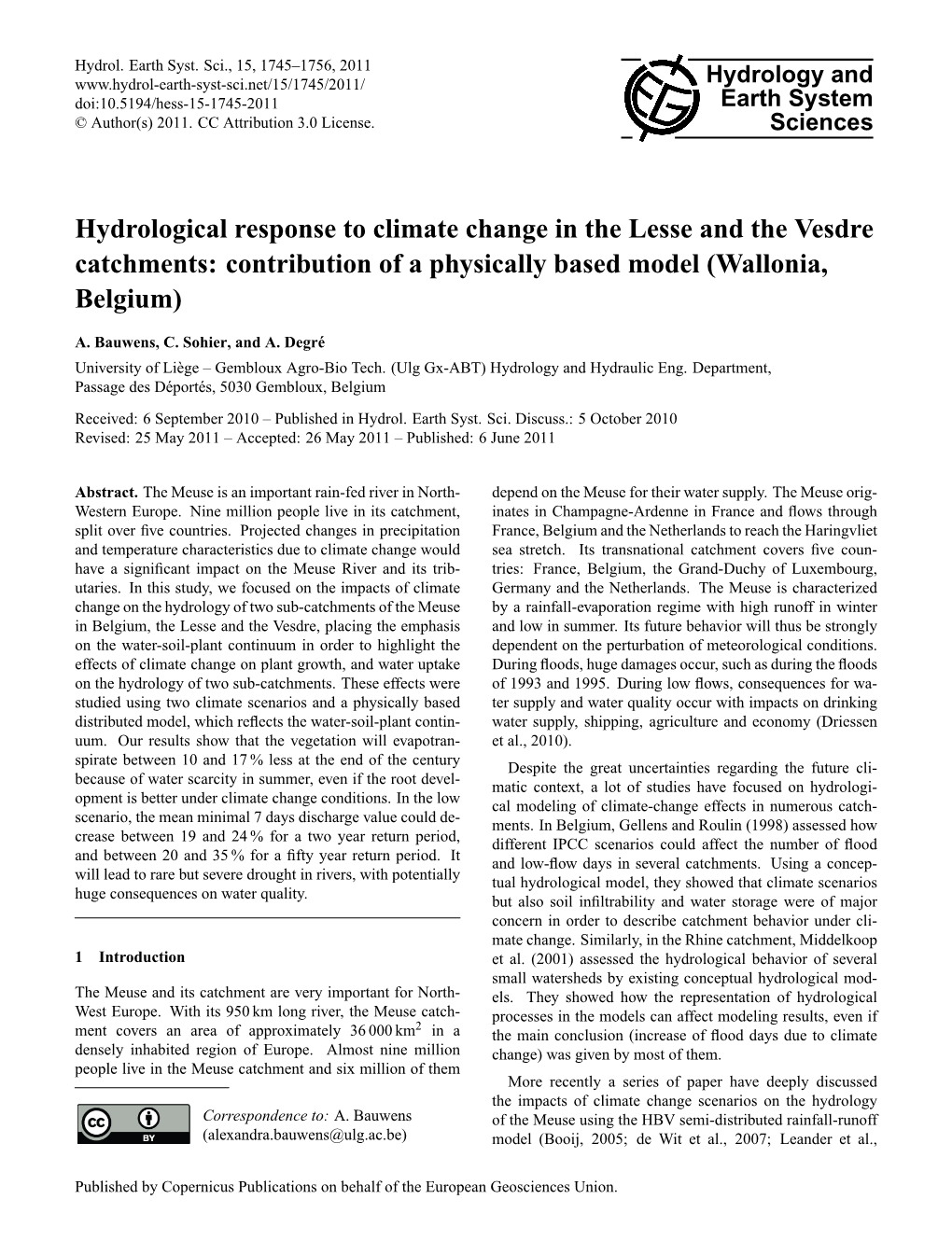 Hydrological Response to Climate Change in the Lesse and the Vesdre Catchments: Contribution of a Physically Based Model (Wallonia, Belgium)