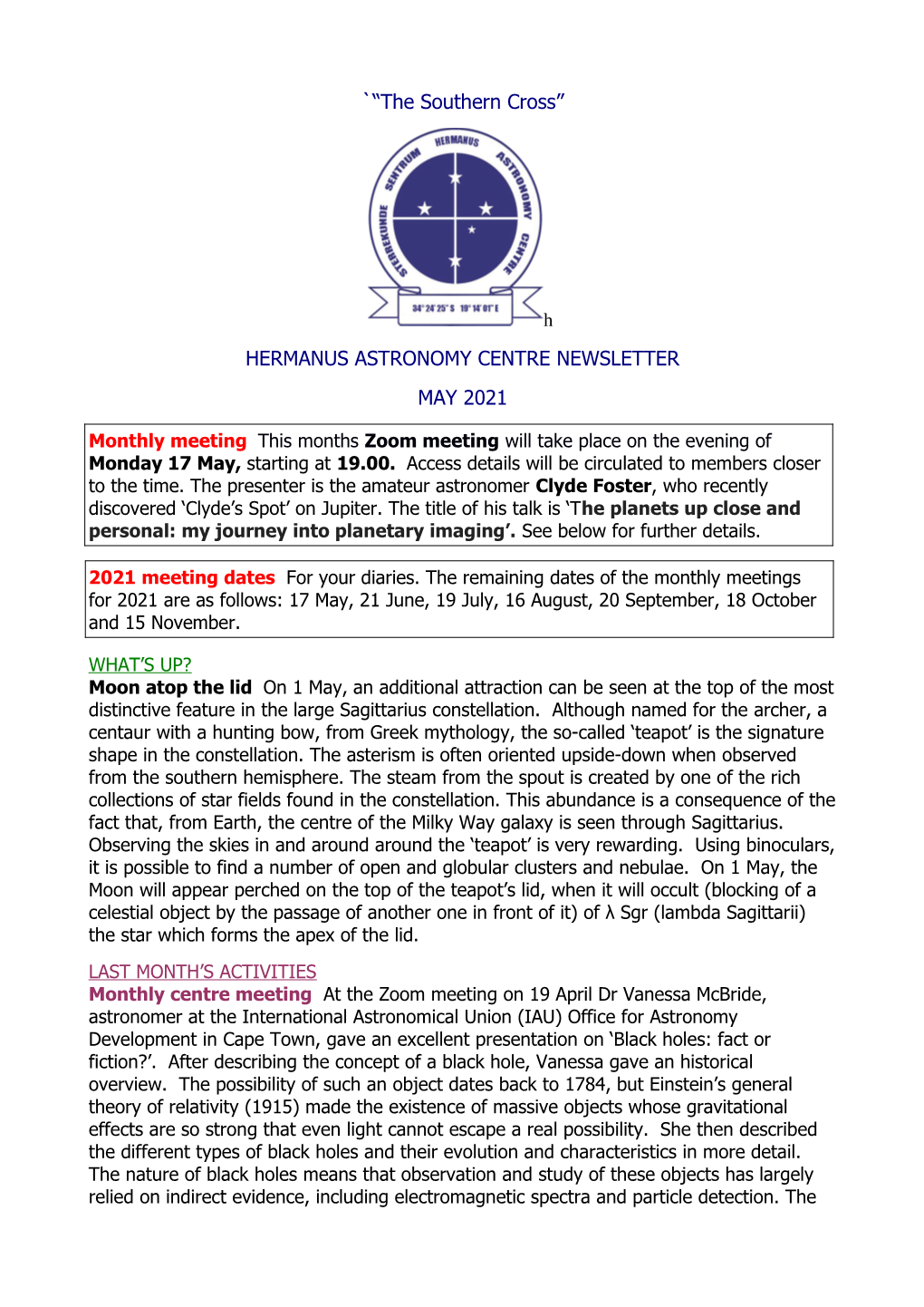 Hermanus Astronomy Centre Newsletter May 2021