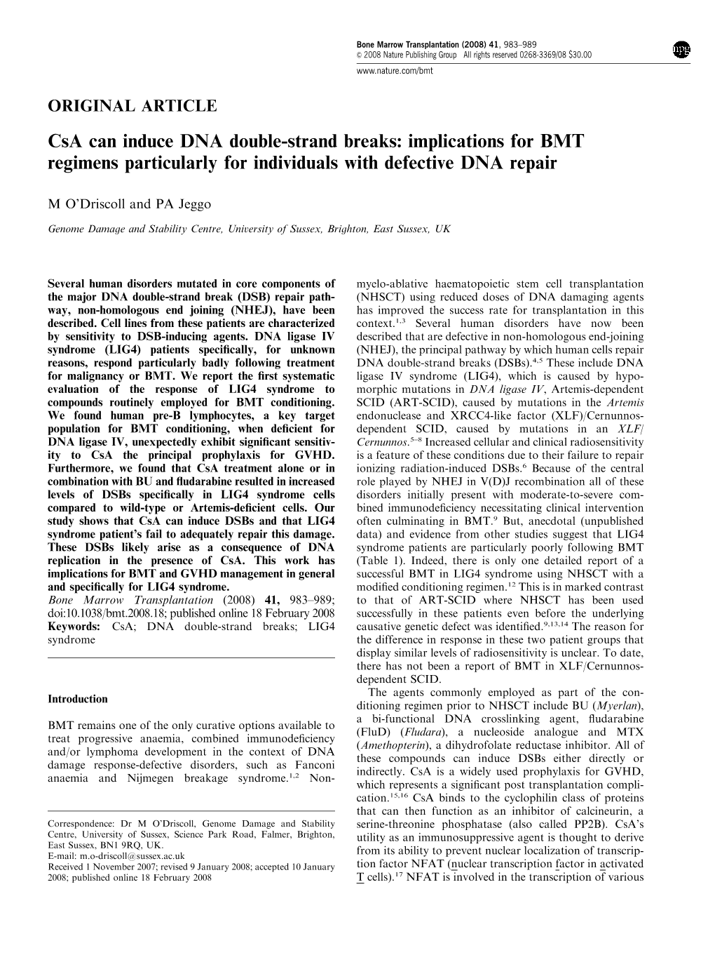 Csa Can Induce DNA Double-Strand Breaks: Implications for BMT Regimens Particularly for Individuals with Defective DNA Repair