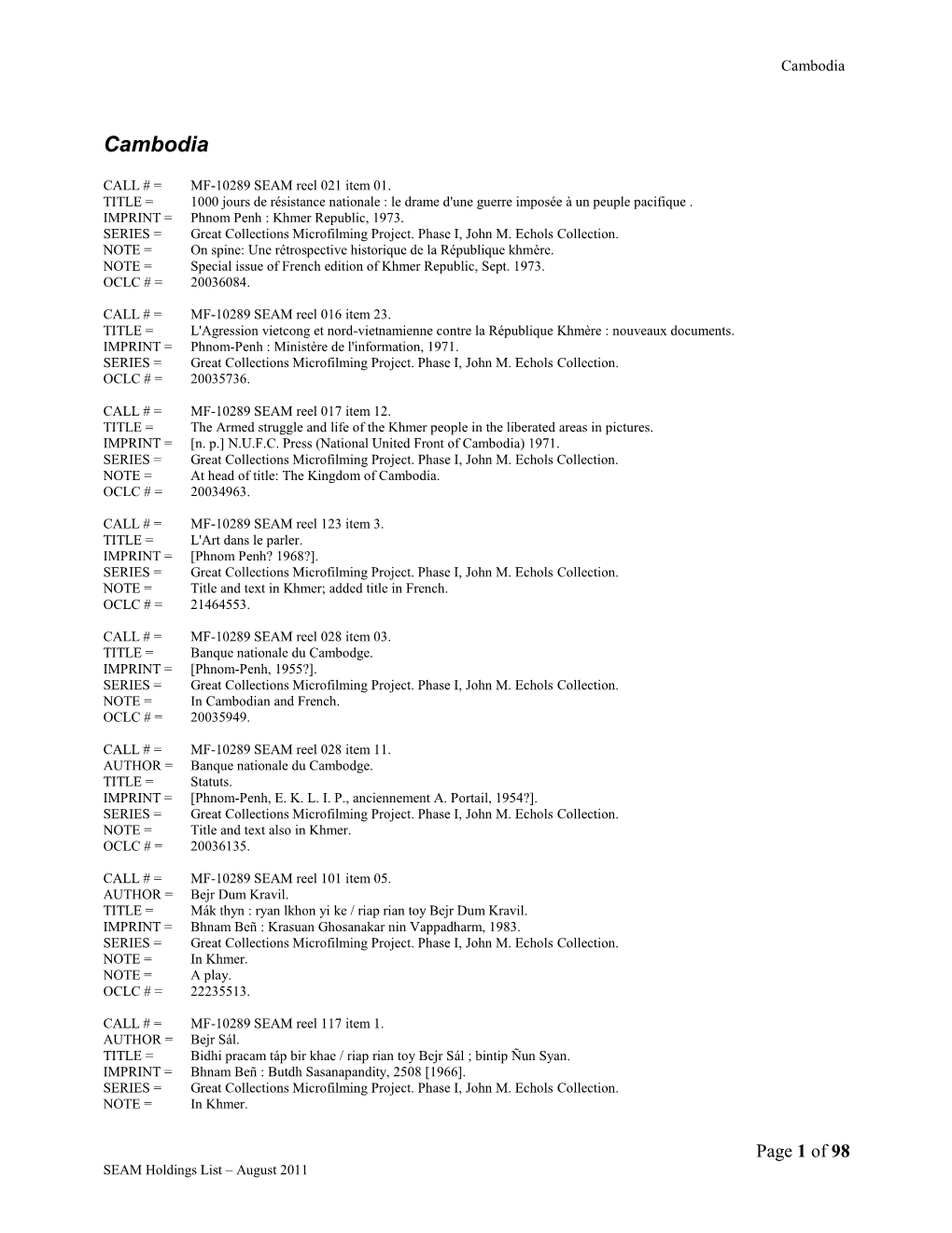 SEAM Holdings List – August 2011 Cambodia