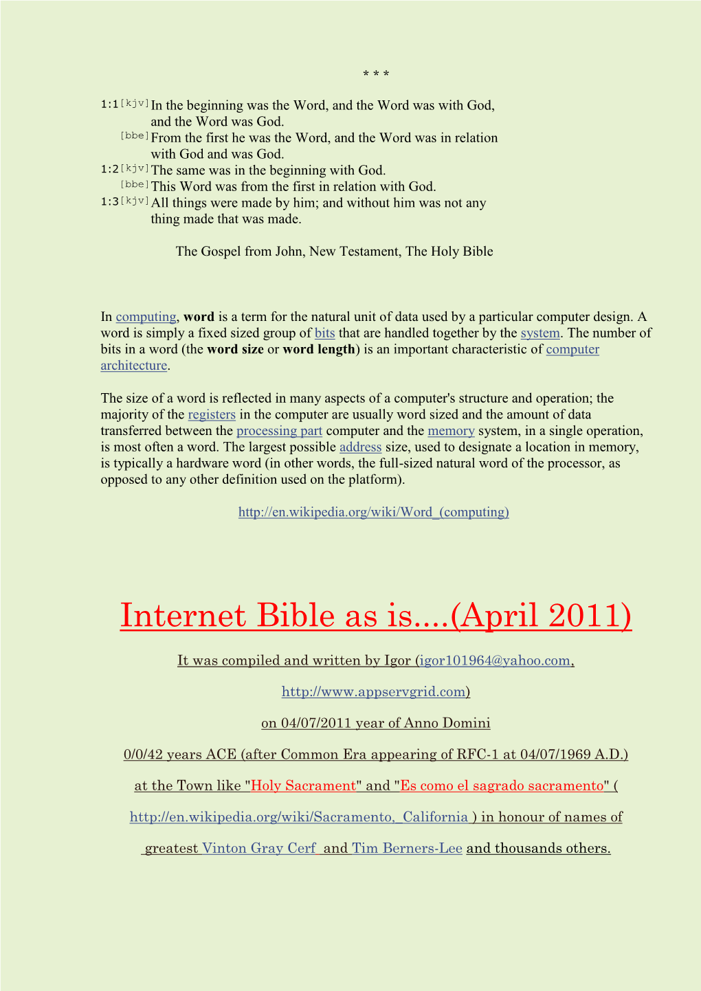 Internet Bible As Is...(April 2011)