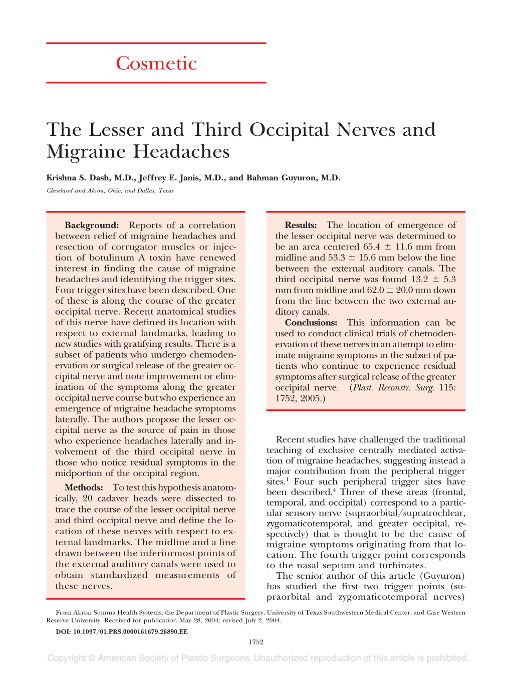 Cosmetic the Lesser and Third Occipital Nerves and Migraine Headaches