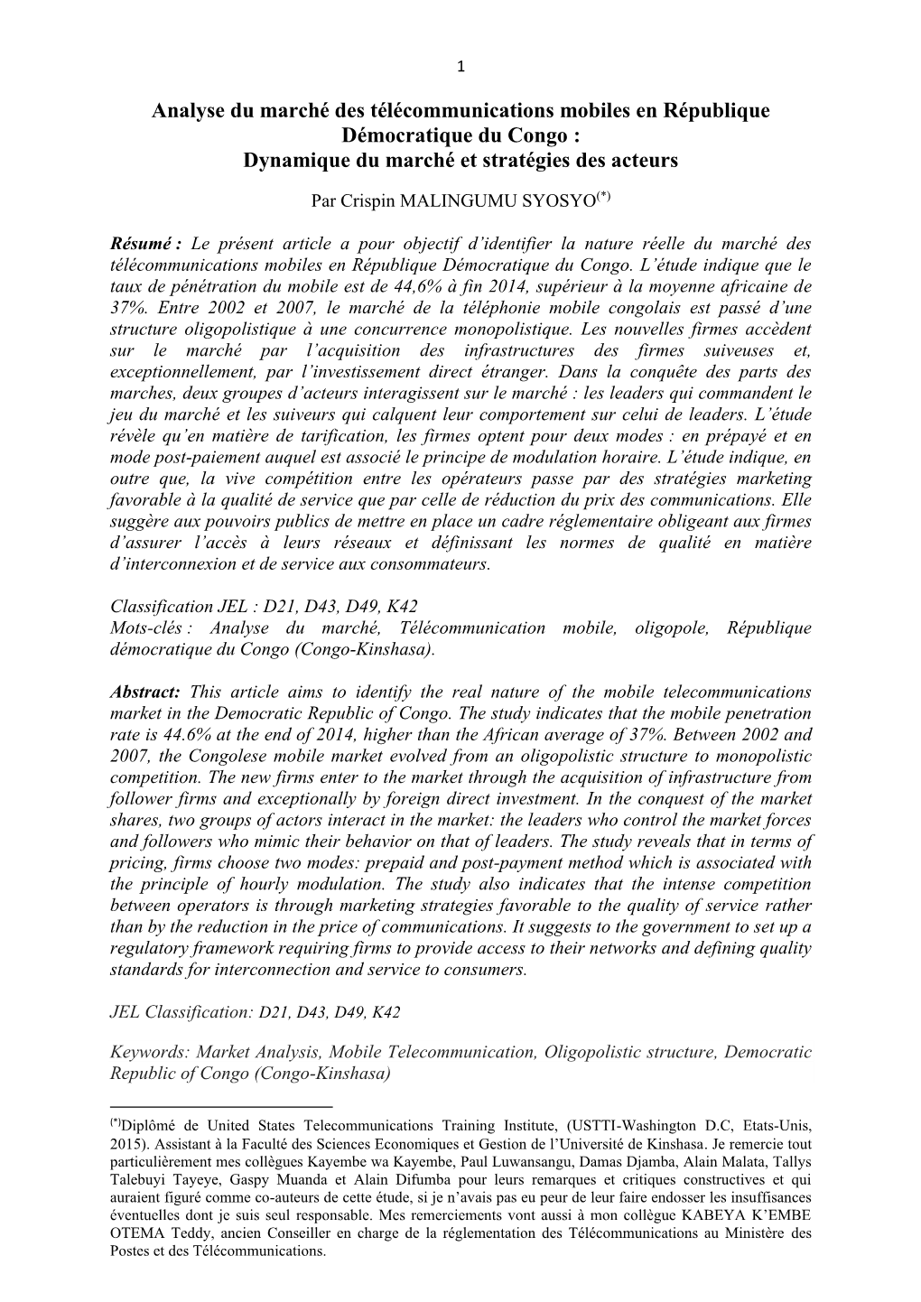 Analyse Du Marché Des Télécommunications Mobiles En République Démocratique Du Congo : Dynamique Du Marché Et Stratégies Des Acteurs