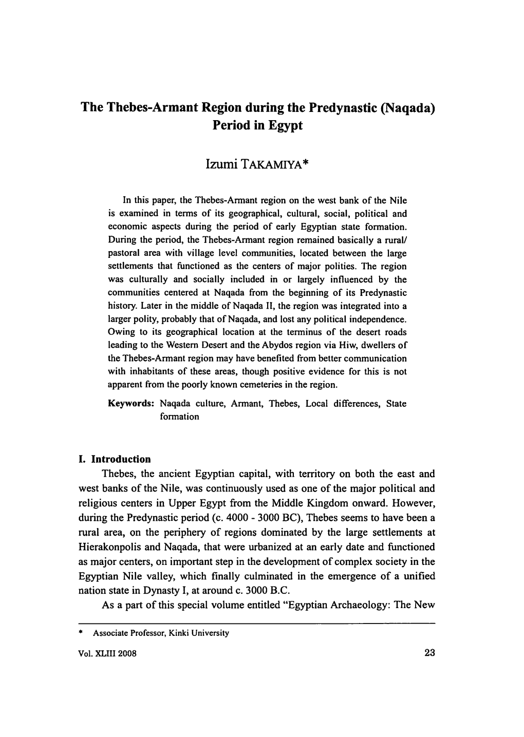 The Thebes-Armant Region During the Predynastic (Naqada) Period in Egypt Izumi T AKAMIYA