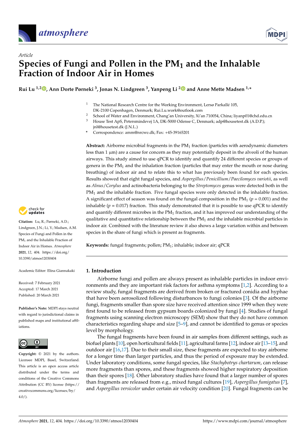 Species of Fungi and Pollen in the PM1 and the Inhalable Fraction of Indoor Air in Homes