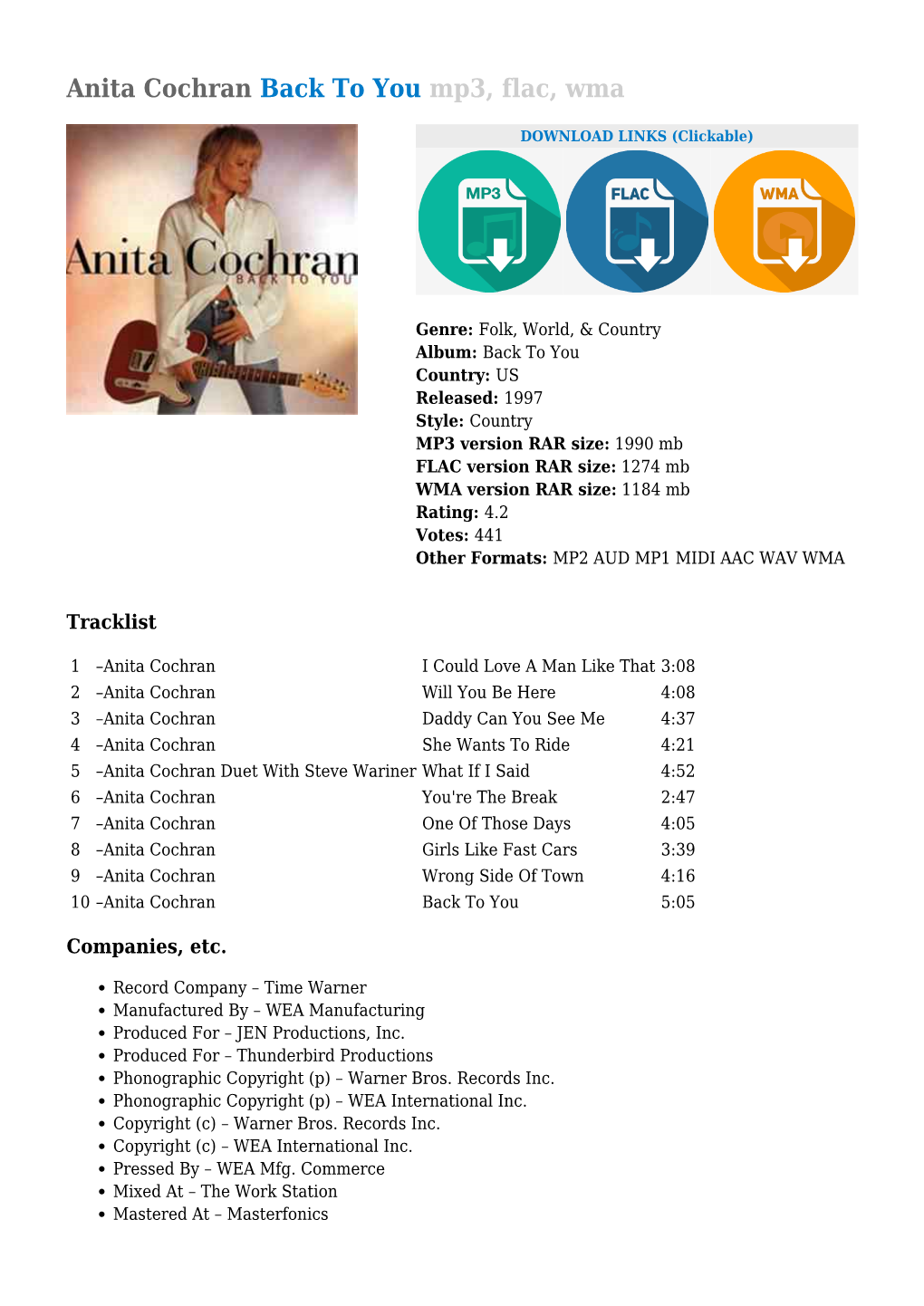 Anita Cochran Back to You Mp3, Flac, Wma