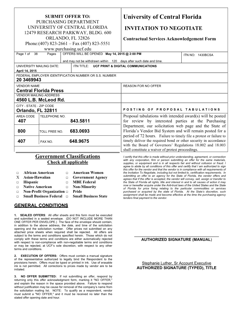 University of Central Florida PURCHASING DEPARTMENT UNIVERSITY of CENTRAL FLORIDA INVITATION to NEGOTIATE 12479 RESEARCH PARKWAY, BLDG