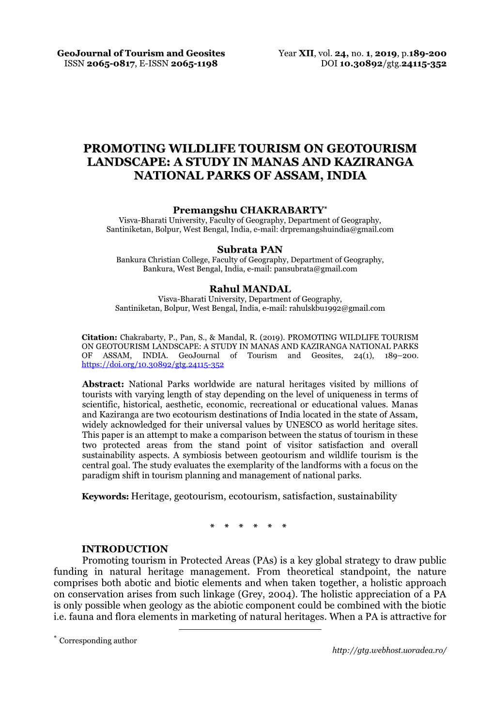 Promoting Wildlife Tourism on Geotourism Landscape: a Study in Manas and Kaziranga National Parks of Assam, India