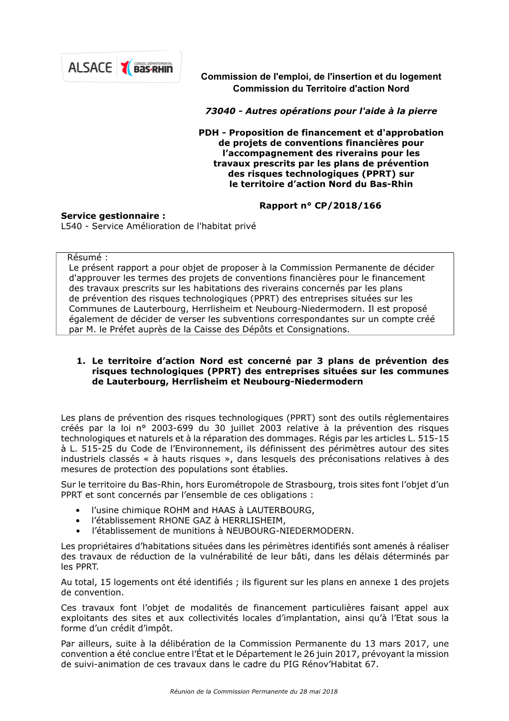 Commission De L'emploi, De L'insertion Et Du Logement Commission Du Territoire D'action Nord