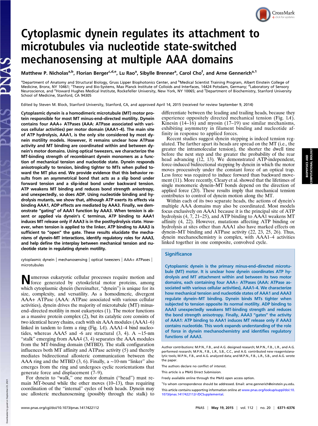 Cytoplasmic Dynein Regulates Its Attachment to Microtubules Via Nucleotide State-Switched Mechanosensing at Multiple AAA Domains