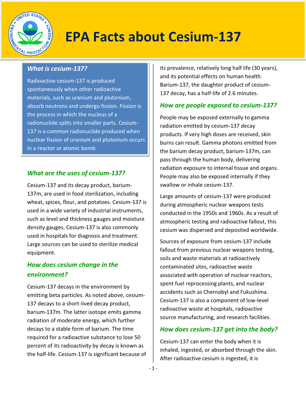 EPA Facts About Cesium-137