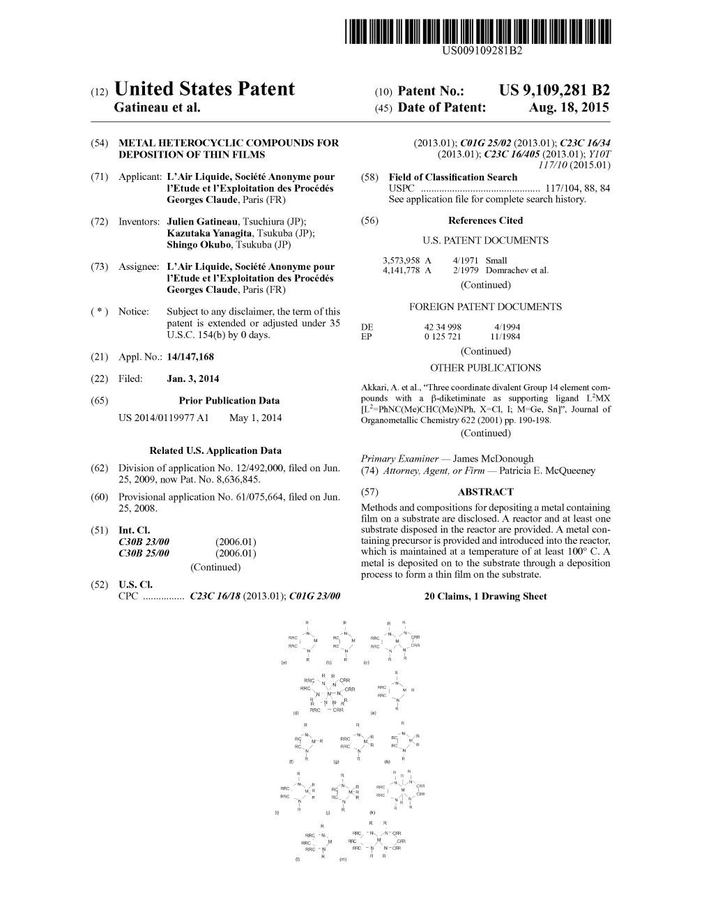 (12) United States Patent (10) Patent No.: US 9,109,281 B2 Gatineau Et Al