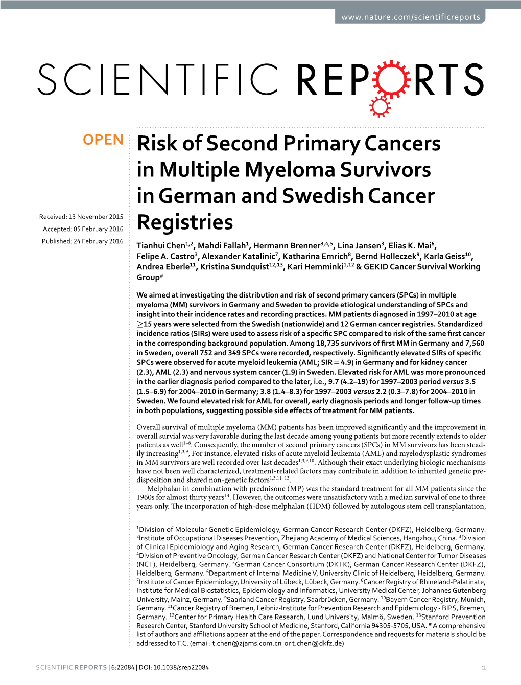 Risk of Second Primary Cancers in Multiple Myeloma Survivors In