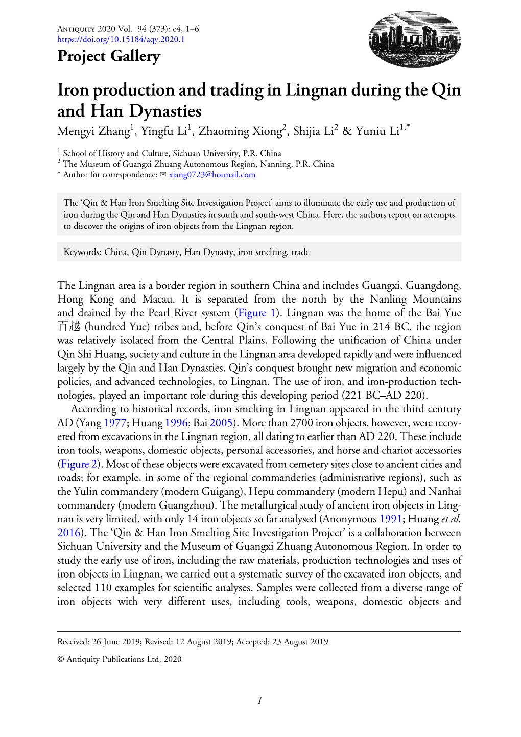 Iron Production and Trading in Lingnan During the Qin and Han Dynasties Mengyi Zhang1, Yingfu Li1, Zhaoming Xiong2, Shijia Li2 & Yuniu Li1,*