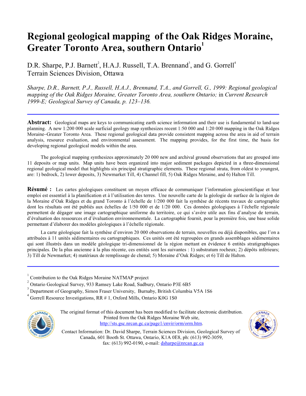 Regional Geological Mapping of the Oak Ridges Moraine, Greater Toronto Area, Southern Ontario1