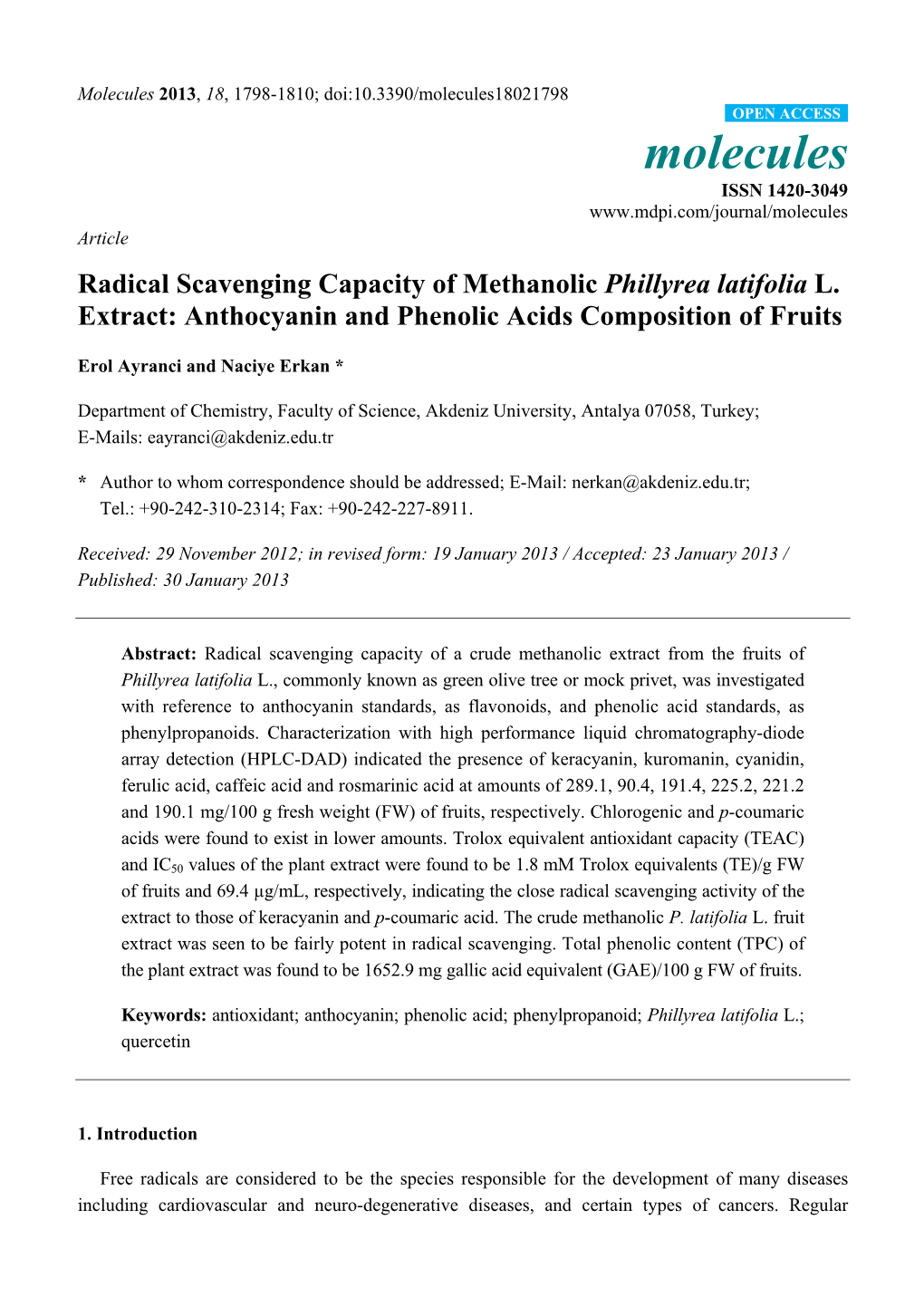 Radical Scavenging Capacity of Methanolic Phillyrea Latifolia L