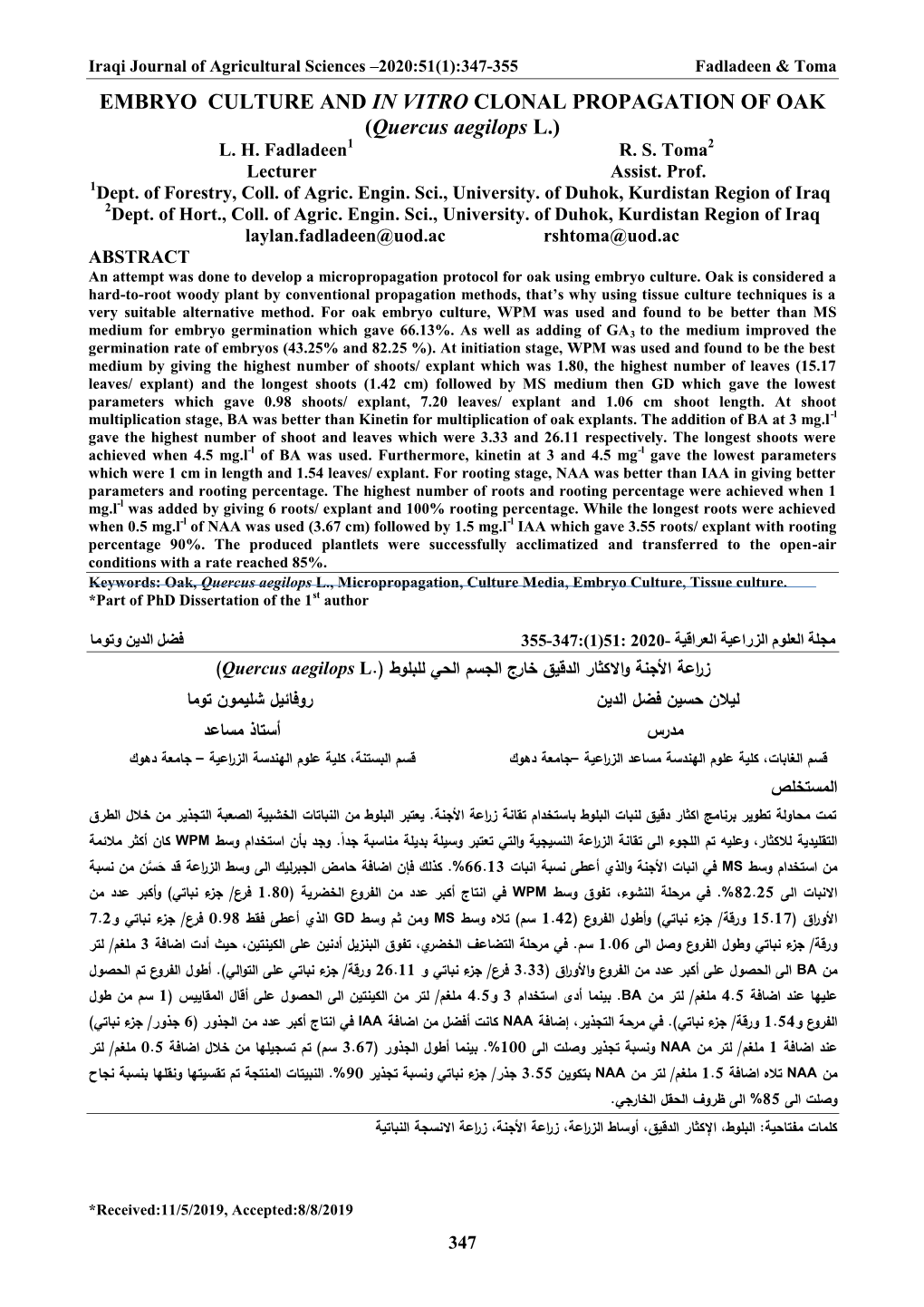 EMBRYO CULTURE and in VITRO CLONAL PROPAGATION of OAK (Quercus Aegilops L.) L