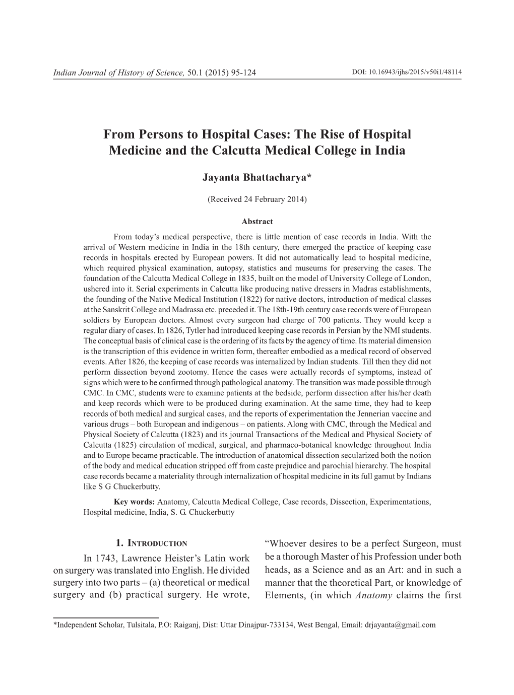 From Persons to Hospital Cases: the Rise of Hospital Medicine and the Calcutta Medical College in India