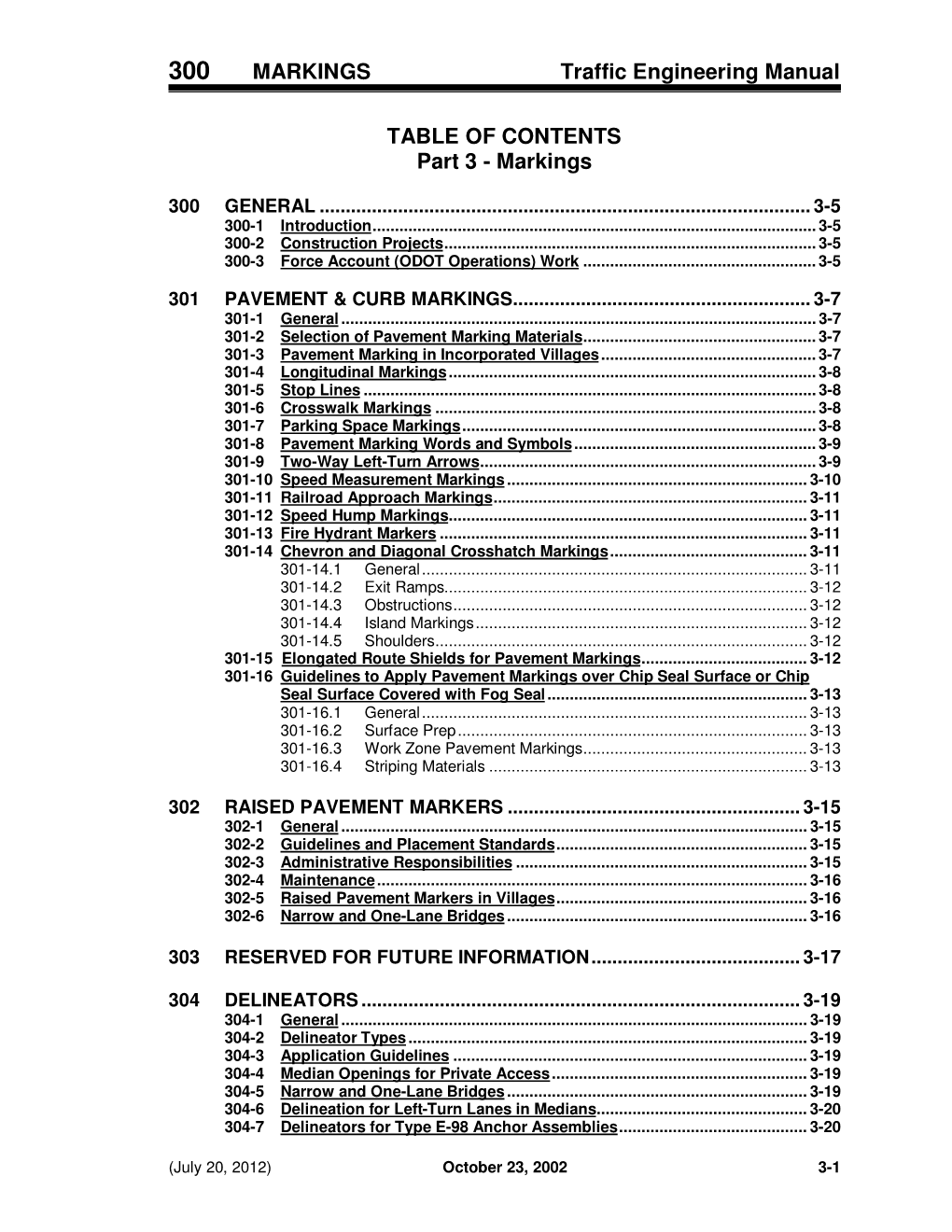 MARKINGS Traffic Engineering Manual TABLE of CONTENTS Part 3