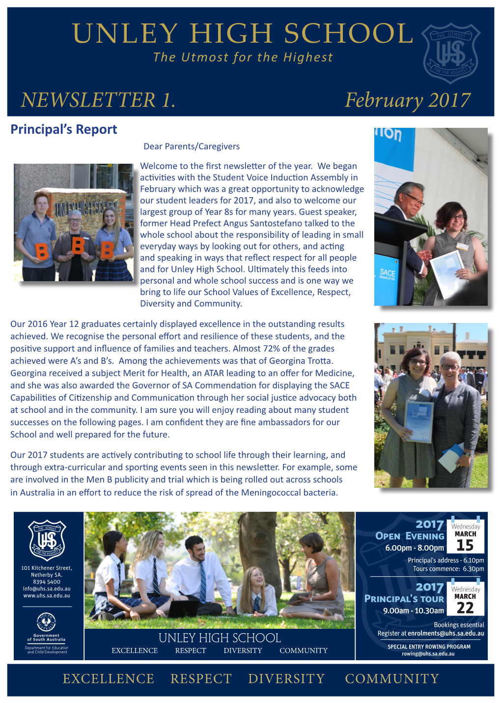 NEWSLETTER 1. February 2017 Principal’S Report Dear Parents/Caregivers Welcome to the First Newsletter of the Year