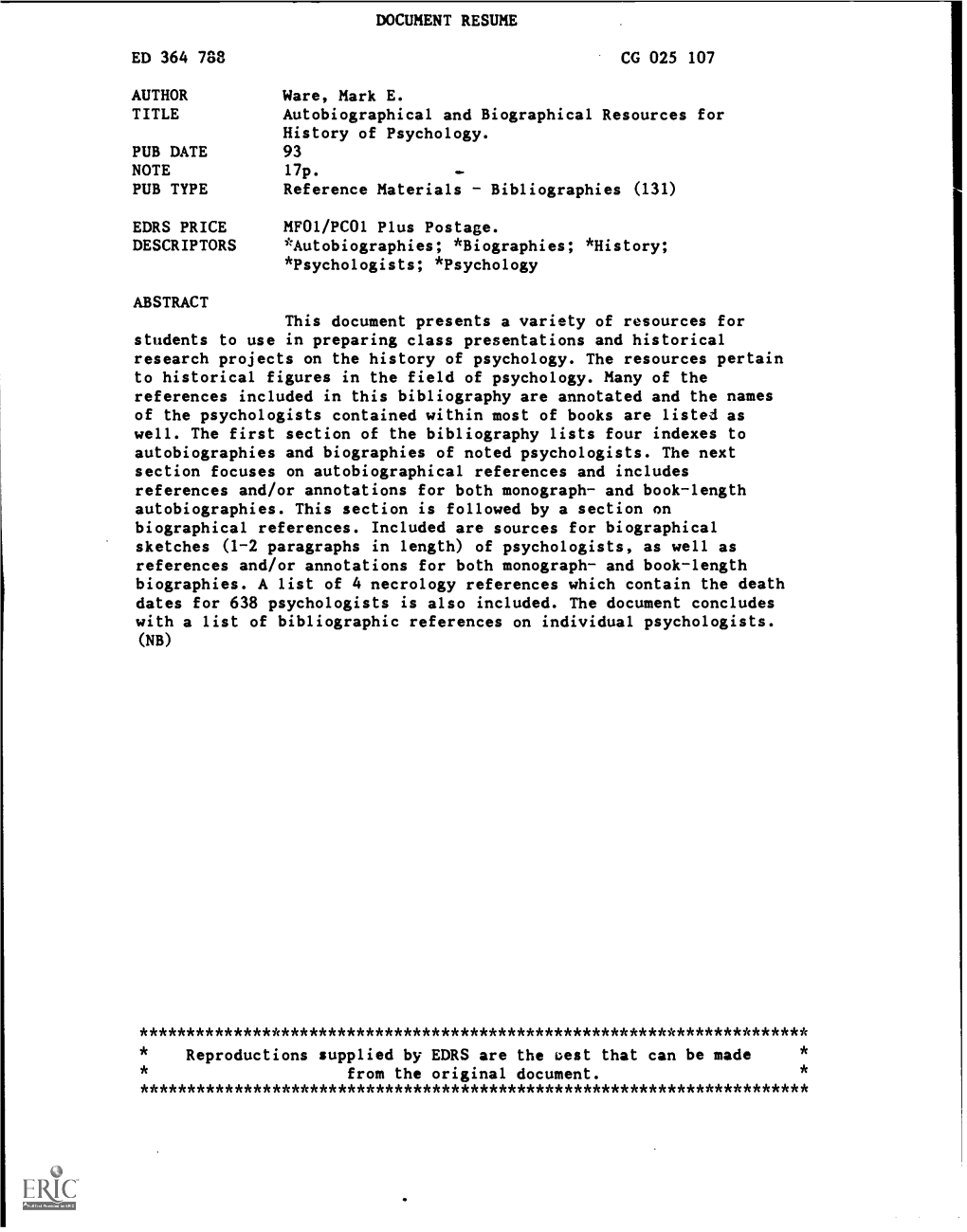 NOTE DESCRIPTORS Research Projects on the History of Psychology. the Resources Pertain Well. the First Section of the Bibliograp