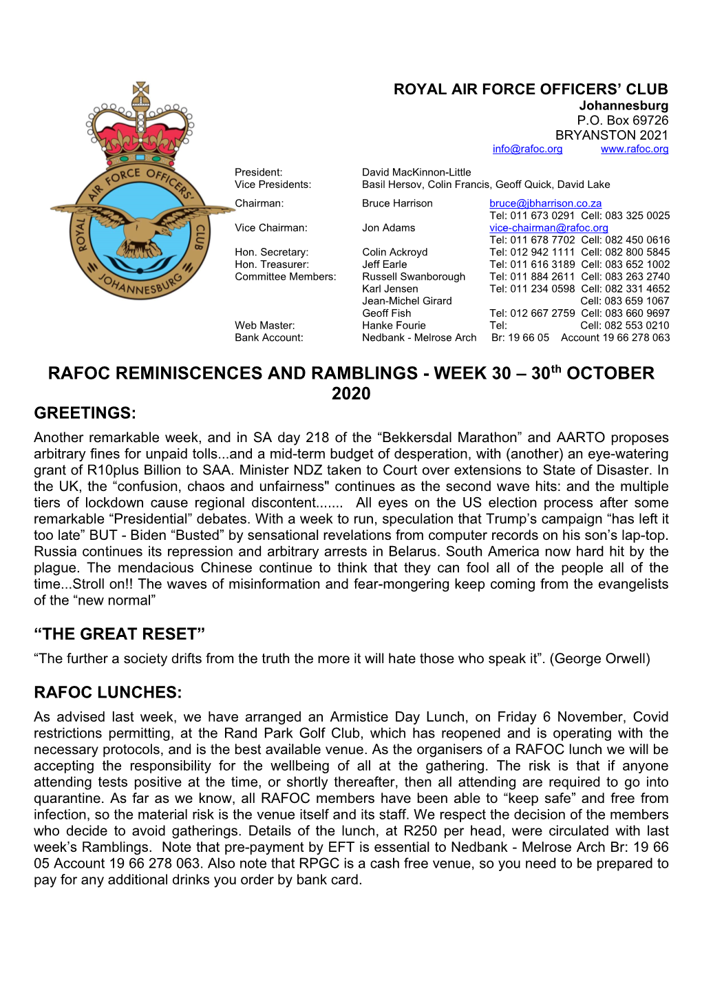 RAFOC REMINISCENCES and RAMBLINGS - WEEK 30 – 30Th OCTOBER 2020 GREETINGS
