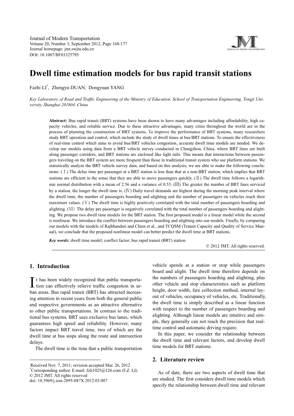 Dwell Time Estimation Models for Bus Rapid Transit Stations